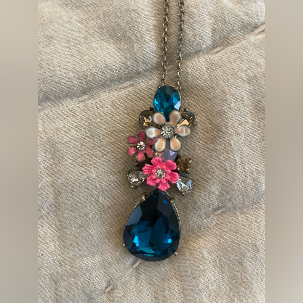 J Crew Blue Pink Floral Pendant Necklace Gold Chain Euc 25$